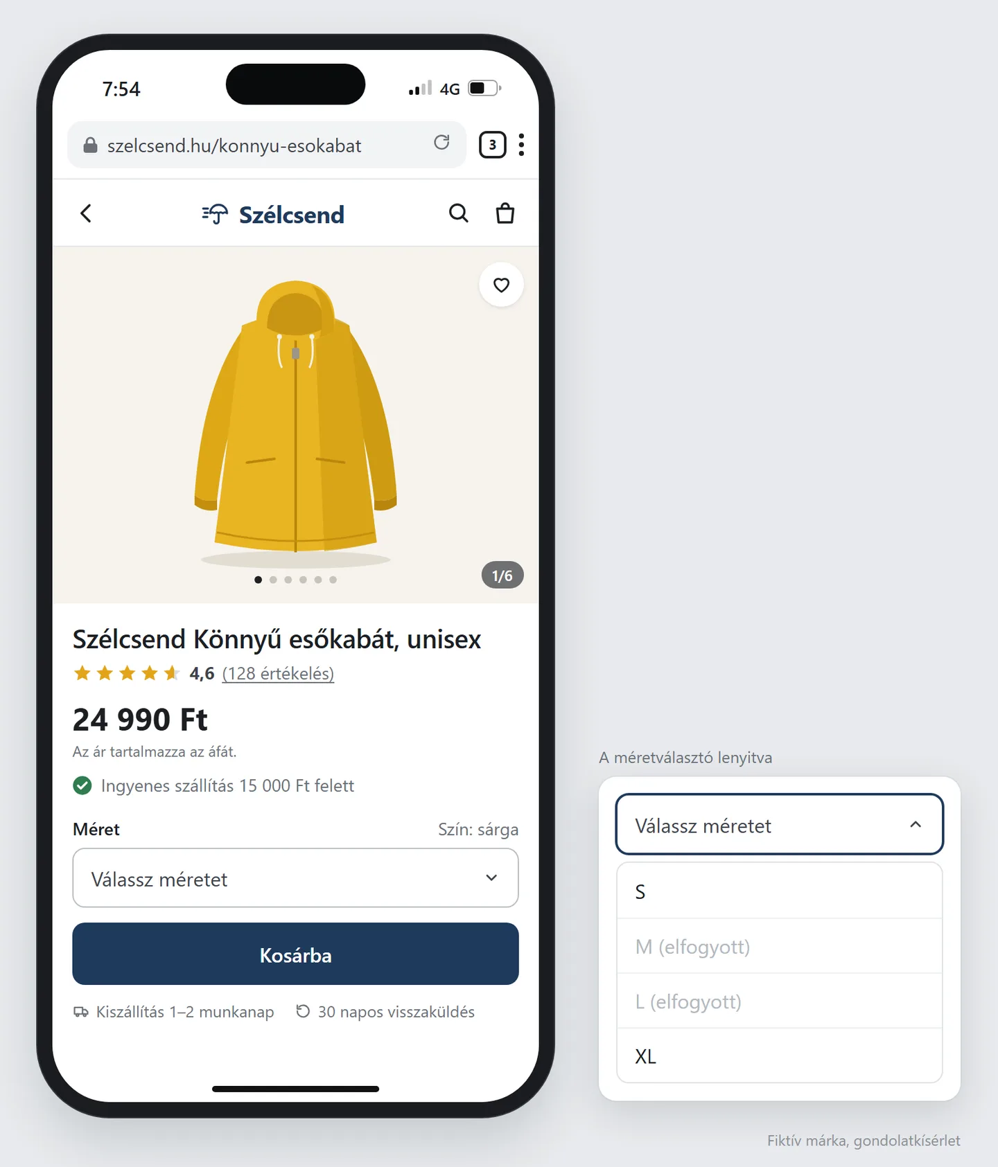 Mobil termékoldal, a címsorban szelcsend.hu/konnyu-esokabat. Képgaléria a sárga kabátról, 1/6 jelölővel. Cím: Szélcsend Könnyű esőkabát, unisex. 4,6 csillag 128 értékelésből, ár 24 990 Ft, alatta: Az ár tartalmazza az áfát. Zöld pipa és szöveg: Ingyenes szállítás 15 000 Ft felett. Méret címke, mellette Szín: sárga, alatta lenyíló menü: Válassz méretet. Navy Kosárba gomb, alatta Kiszállítás 1–2 munkanap és 30 napos visszaküldés. Jobb oldalon betét, A méretválasztó lenyitva felirattal: a menü sorai S, M (elfogyott), L (elfogyott), XL, az elfogyott sorok halványszürkék.