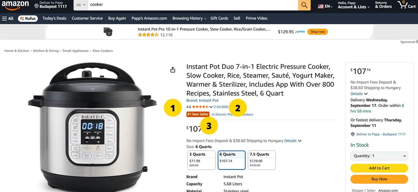 Amazon termékoldalak bizalmi jelei hajtás felett – képernyőmentés